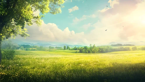 Sunlit meadow landscape under bright summer sky.