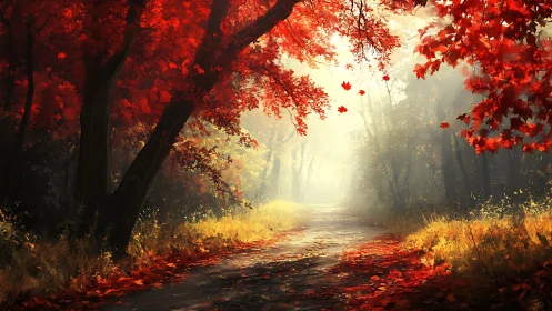 Autumn Forest Path Illuminated by Golden Light