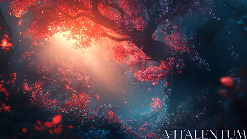 Enchanted crimson forest glows through ethereal mist.