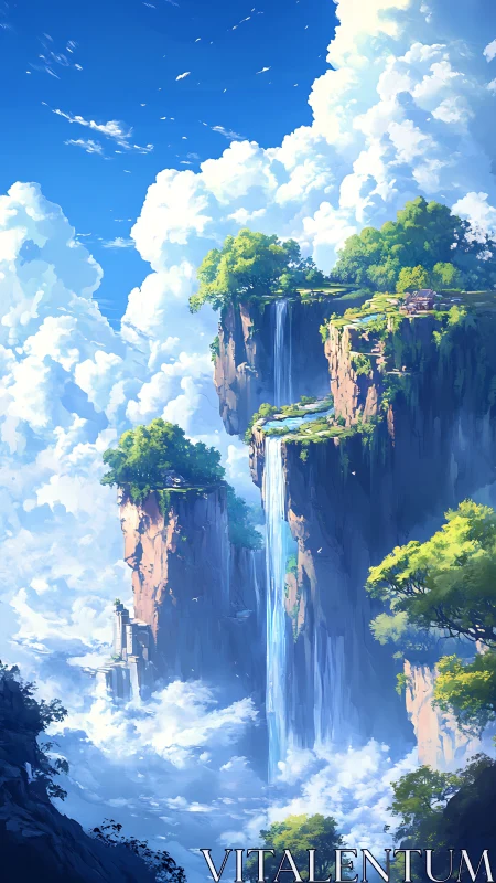 Vertical landscape shows floating cliffs with cascading waterfalls