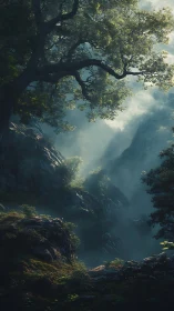 Misty forest canyon with ancient tree overlooking rocky gorge