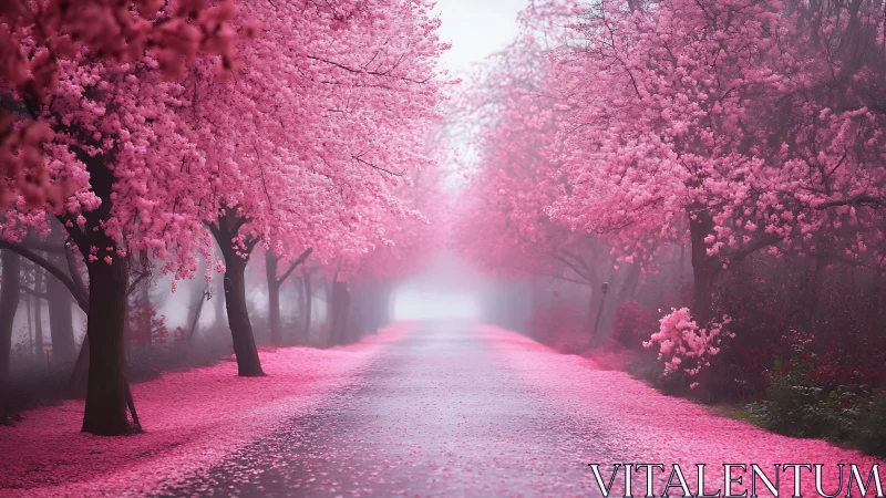 Dreamy cherry blossom lane wrapped in soft pink mist.