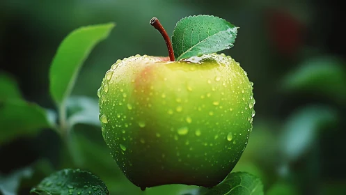 Macro study of dewy green apple on tree branch at sunrise