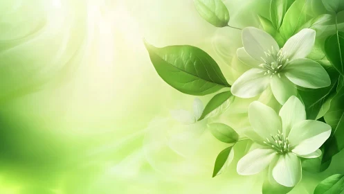 Delicate white blossoms emerge amid verdant foliage with luminous bokeh backdrop.