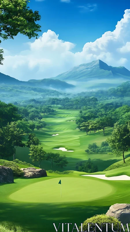 Mountain-view golf course glows under clear summer skies.
