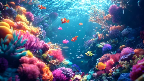 Vibrant 3D coral reef scene renders stylized tropical fish