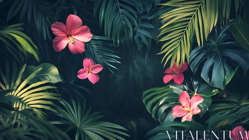 Tropical Pink Flowers Among Dark Palm Foliage