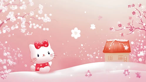 Cute white kitty in a dreamy pink blossom wonderland.