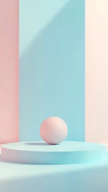 Pastel sphere rests on circular plinth in minimal studio space