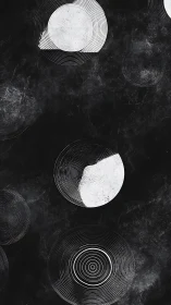Monochrome concentric circle pattern on textured black field.