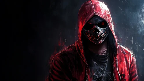 Hooded skull figure glowing in red light and shadowed night.