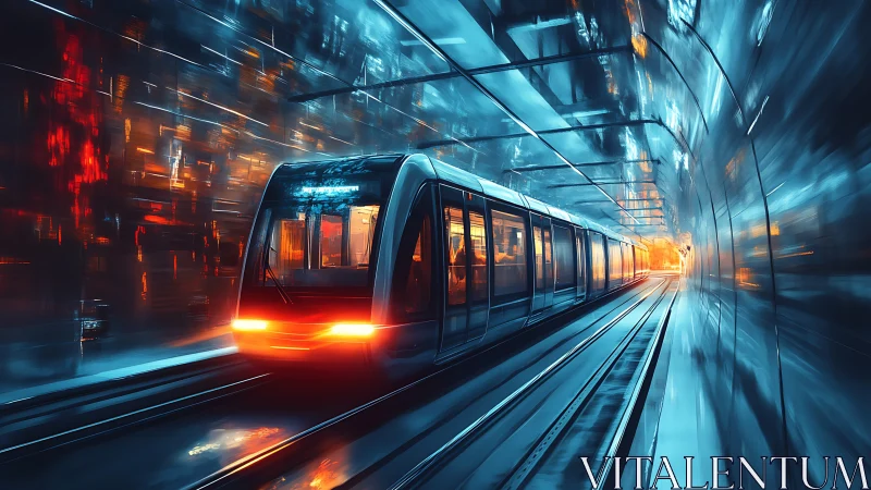 Modern electric train in illuminated urban tunnel at speed.