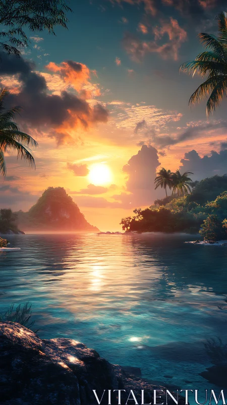 Hyperreal tropical lagoon sunset with reflective water and clouds