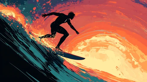 Surfer carves glowing wave under explosive sunset sky