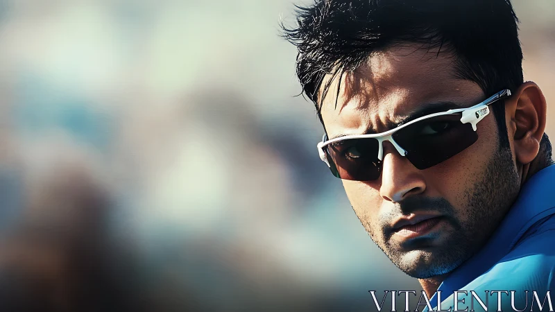 Man in white sports sunglasses against blurred outdoor backdrop.