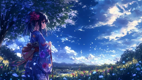 Kimono girl quietly rehearses wishes beneath a petal sky