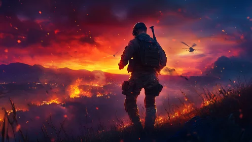 Tactical Operative Against Inferno Landscape with Dynamic Atmospheric Combustion.
