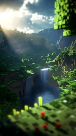 Sunlit voxel valley frames a tranquil twin waterfall lagoon