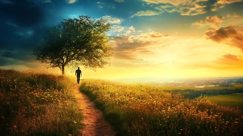 Solitary figure walks a sunlit hill path toward horizon.