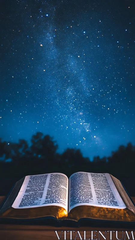 Open Bible glows beneath a vast starlit night sky in worship