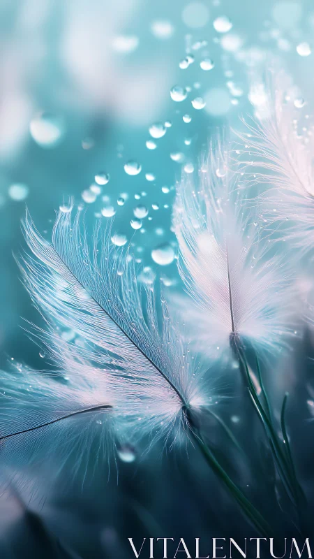 Ethereal white feathers with water droplets in teal glow.