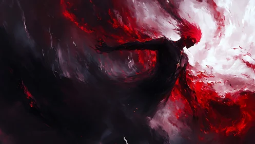 Scarlet energy wraith emerging from swirling void storms.