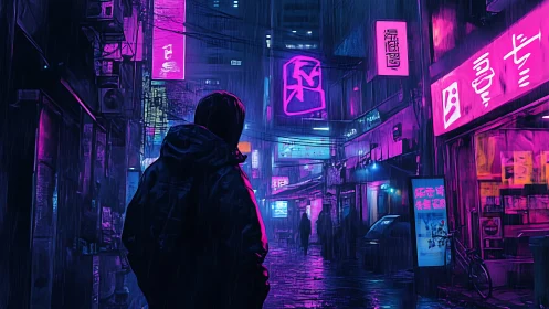 Noir figure in neon-saturated cyberpunk alleyway at night.