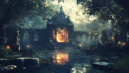 Flaming portal hums inside a moss-draped forgotten temple