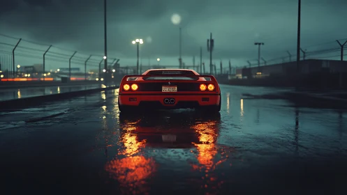 Red sports car on wet industrial roadway at dusk.