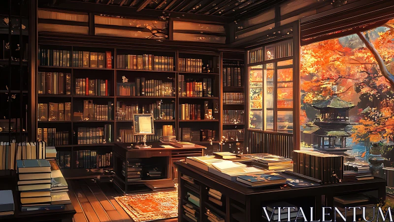 Autumn-lit study merges classic library interior with garden