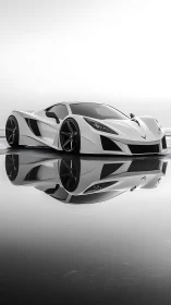 White concept supercar on reflective wet surface profile.