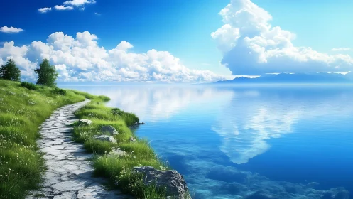 Stone path beside clear lake under expansive clouded sky.