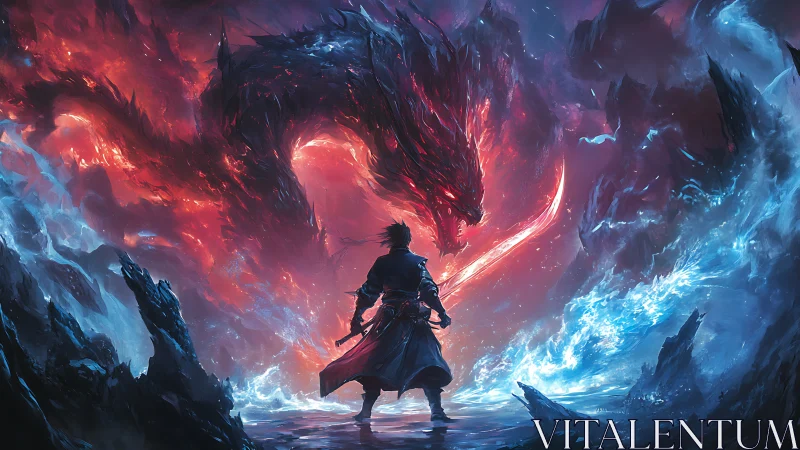 Inferno dragon coils above lone warrior in frozen rift.