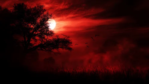 Red moon backlights silhouetted tree and distant flying birds
