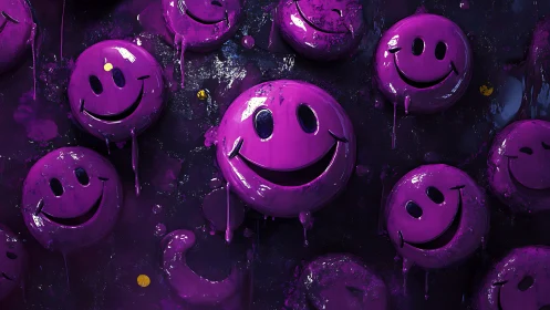 Purple smiling faces drip with glossy paint on dark wall