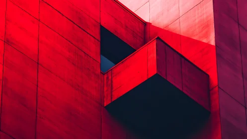 Red concrete building facade with sharp balcony shadows.