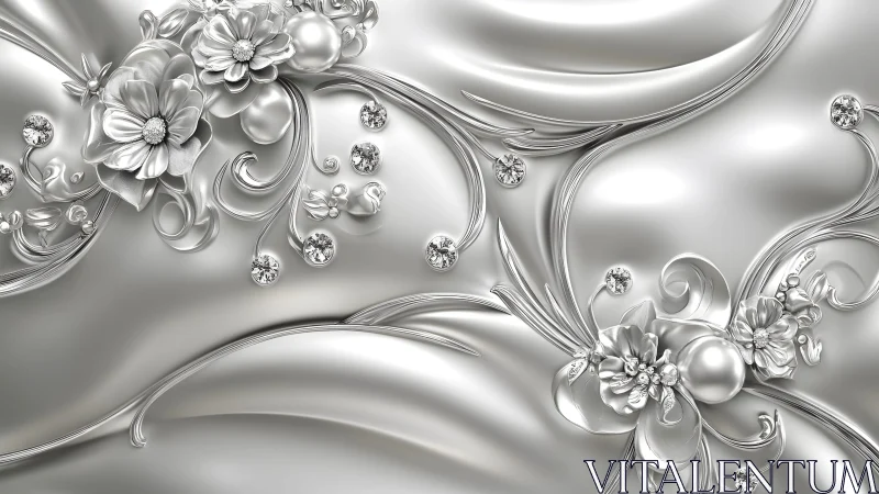 Luxurious Silver Floral Pattern with Gemstone Accents in 3D Style.