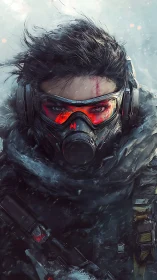 Postapocalyptic sniper with gas mask in frozen blizzard