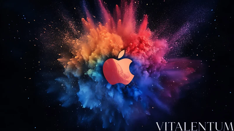 Colorstorm nebula erupts around sleek bitten-fruit emblem.