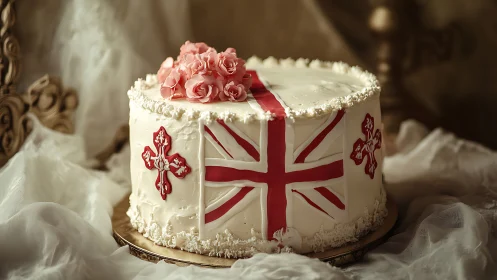 Elegant Red and White Cross Cake with Pink Rose Topper