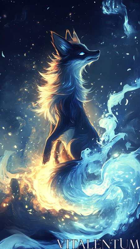 Luminous spirit fox rises amid swirling blue and firelight.