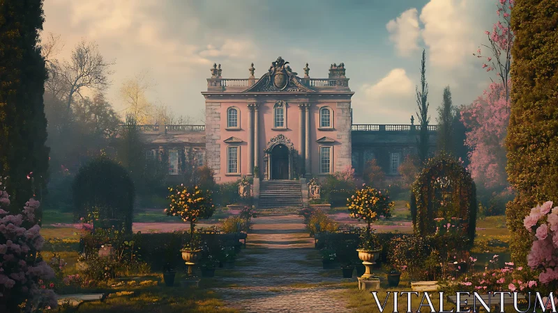 Elegant pastel chateau stands amid lush spring gardens.