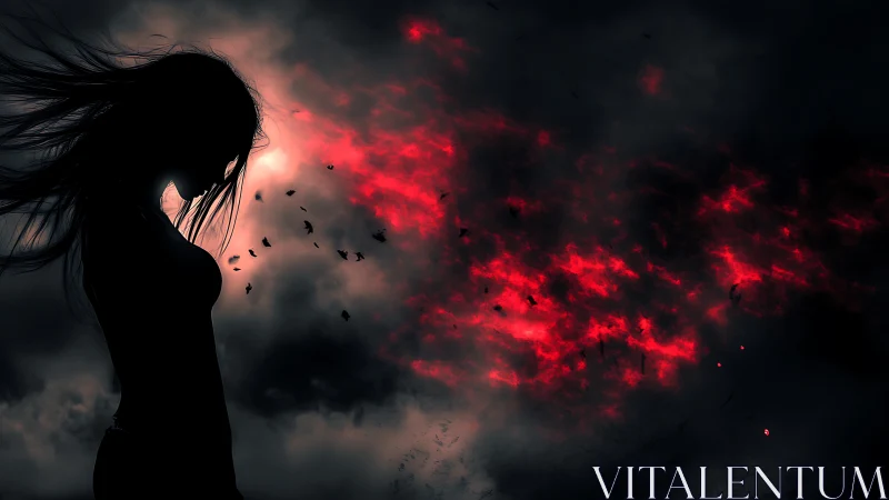 Silhouetted woman faces burning storm sky in dark stillness