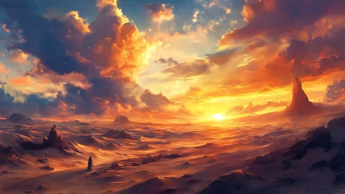 Lone wanderer crossing luminous desert under cosmic sunset.