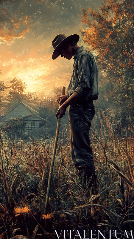 Solitary farmer stands in sunset field near rustic farmhouse.