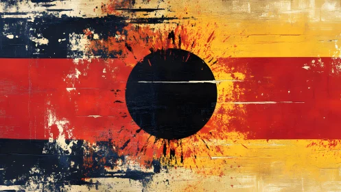 Abstract grunge flag with black circle and bold color splashes.