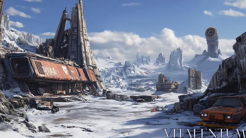 Snow-covered industrial sci-fi outpost extends across valley