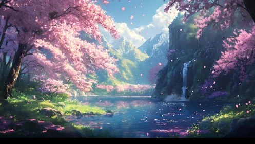 Cherry blossom valley lake with waterfalls and distant peaks