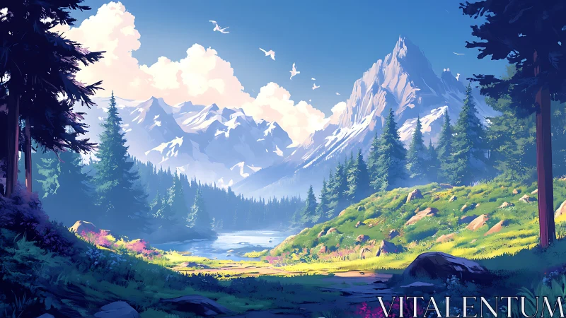 Mountain river valley under clear blue daylight sky.