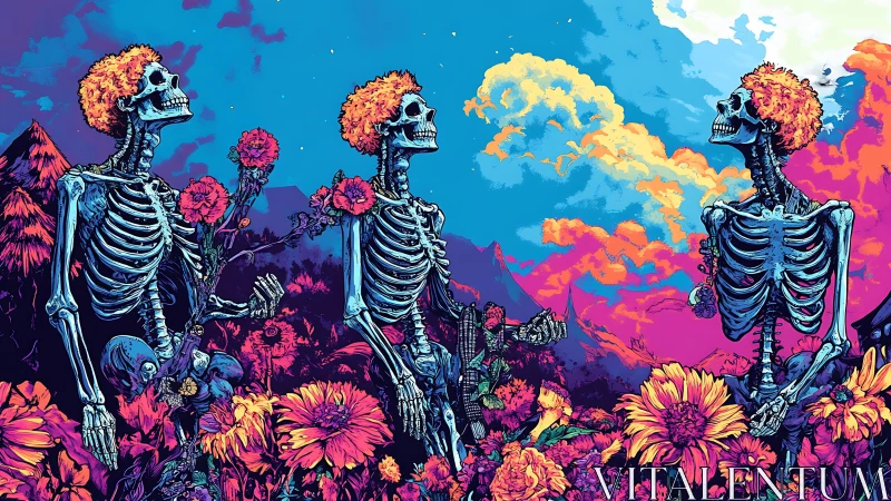 Skeleton poets trade neon flowers beneath unruly candy skies
